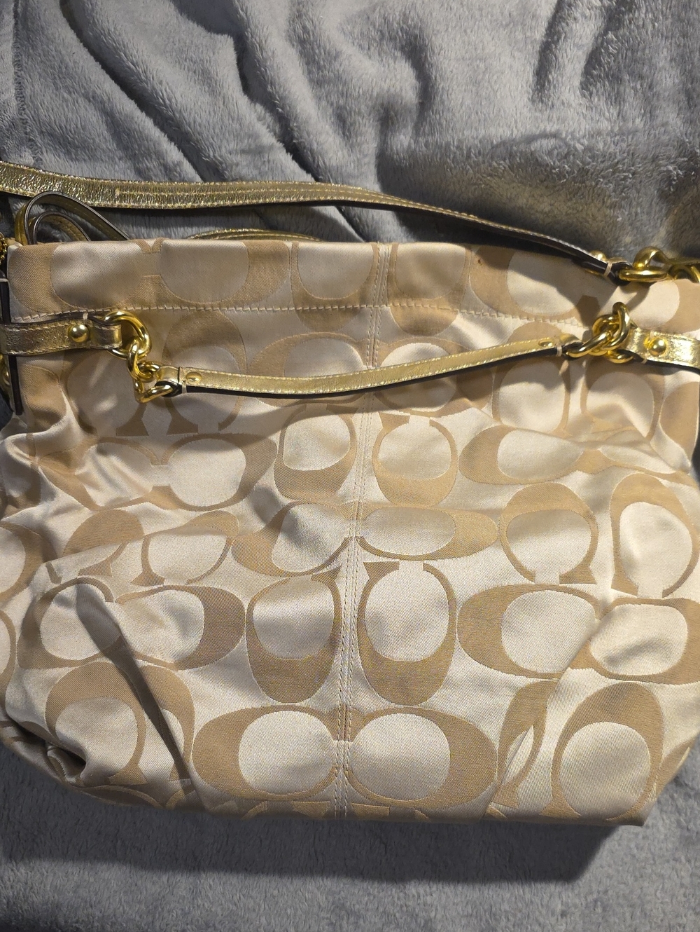 Coach Beige Signature Shoulder Bag with Gold Hardware